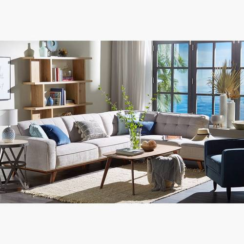 Modern Light Grey Tufted 4-Seater Right Sectional Sofa with Wooden Legs - كنبة ركنية يمين 4 مقاعد رمادية فاتحة عصرية مع أرجل خشبية