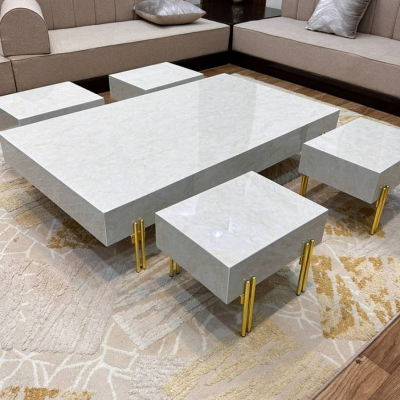 طاولة قهوة رخامية فاخرة + 4 خدمه - Luxury Marble Coffee Table + 4 Service