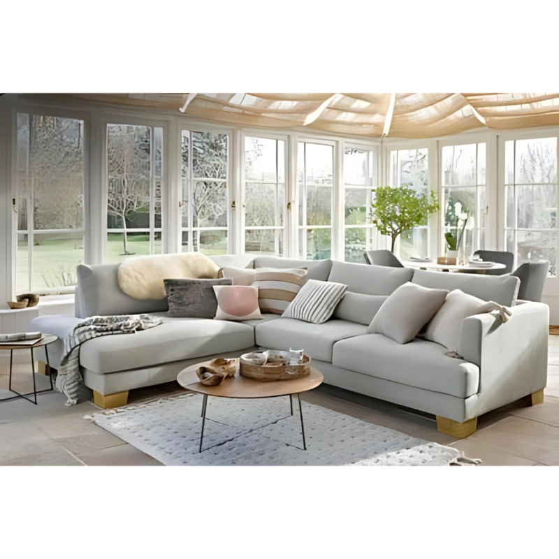 كنبة زاوية ركنية يمين رمادية فاتحة من الكتان على شكل حرف L - Light Grey Linen L-Shape Right Corner Sectional Sofa
