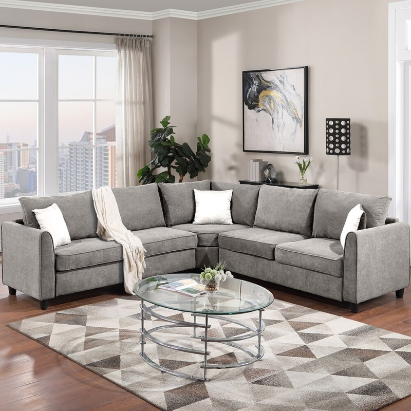 طقم كنب ركني زاوية على شكل L رمادي - L-Shaped Sectional Sofa Set, Gray