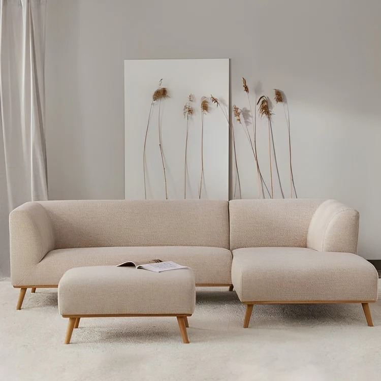 Modern L Shape Corner Sofa with Wooden Legs - صوفا كنب ركني عصري زاوية بأرجل خشبية متينة قطعتين على شكل L